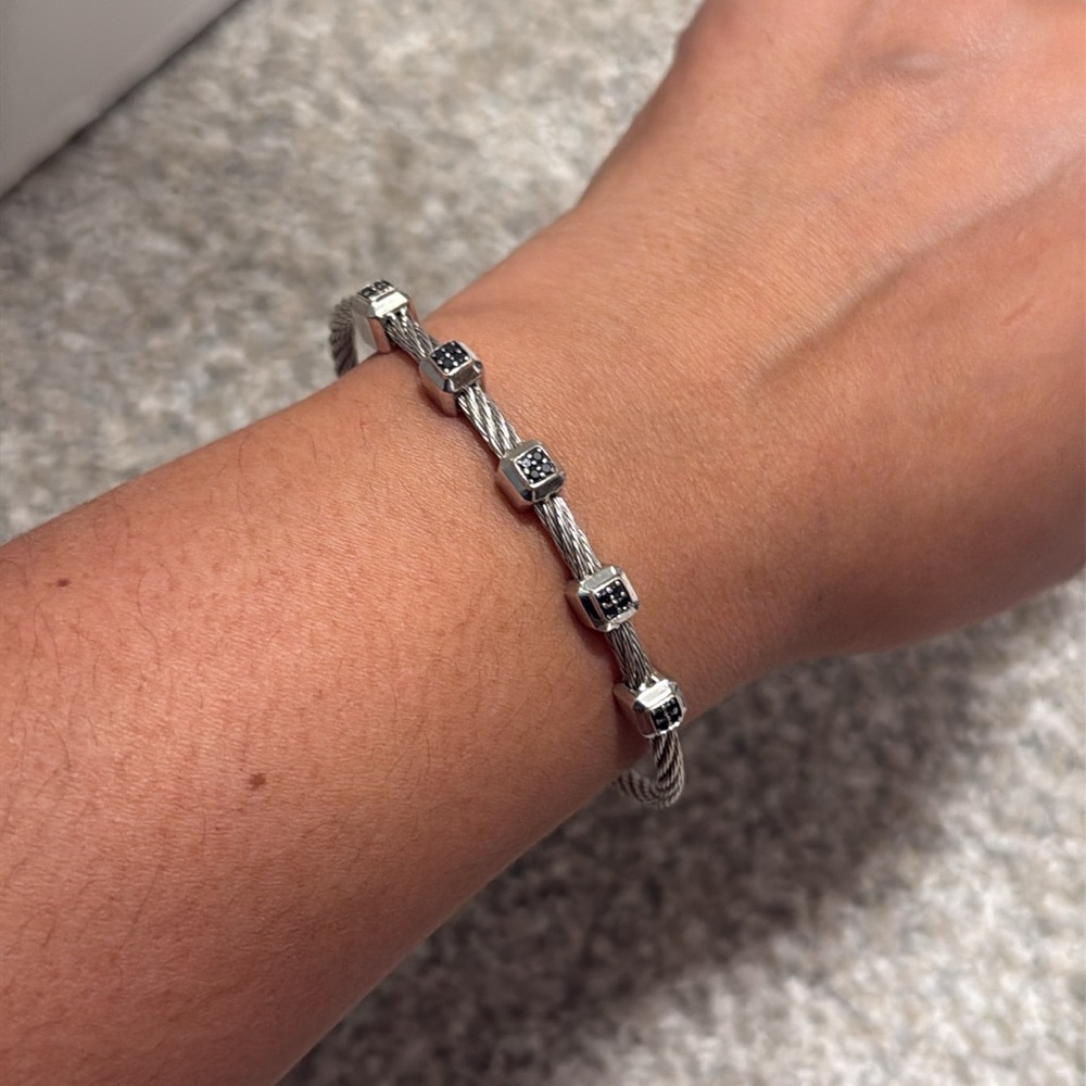 Sterling Silver Cable Bangle With Black Diamonds - image 1